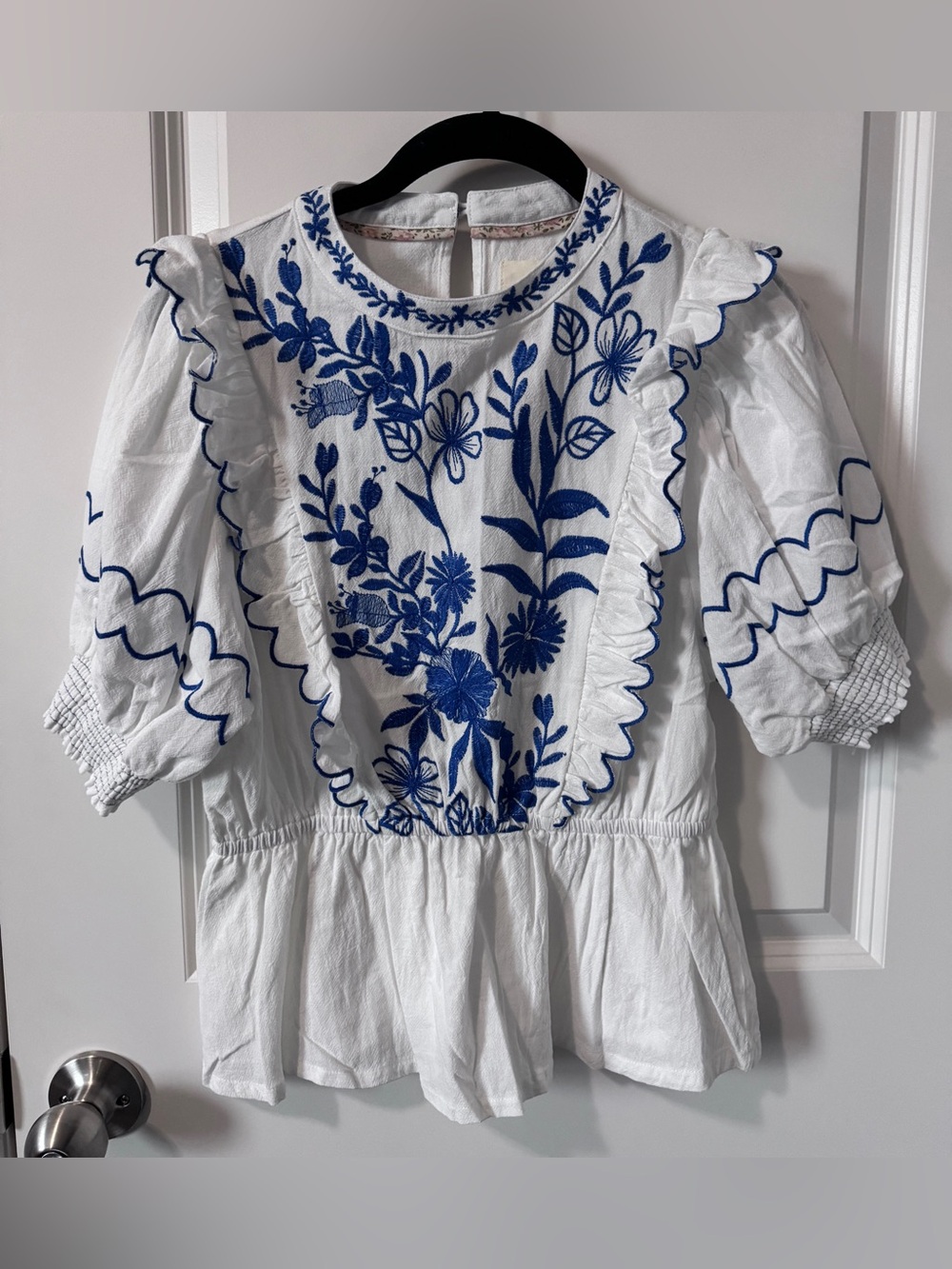 NWT-Umgee-White Peasant Blouse with Blue Floral Embroider-Small